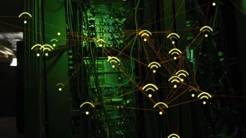 Data center rack showing animated Wi-Fi nodes forming orange lines, triggered by Stock Footage 334185188