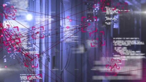 Data center racks centering, left cluster pulsing, sending links, logs scrolling Video stock 333139093