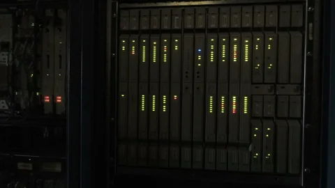 Data center racks. Communication server with leds on. Panning view Stock Footage 101895707