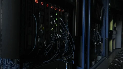 Data center racks. Communication server with leds on. Panning view Video stock 102238424