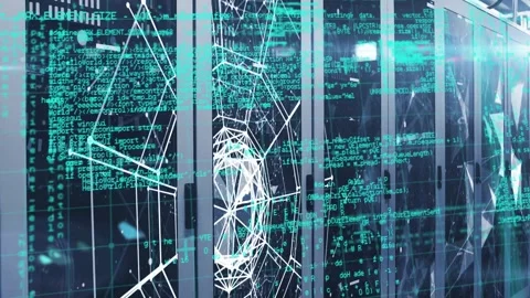 Data center racks reacting to wireframe fragment appearing on glass, forming Stock Footage 334116964