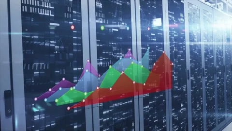 Data center racks receiving feed and showing layered area charts highlighting Stock Footage 332955993
