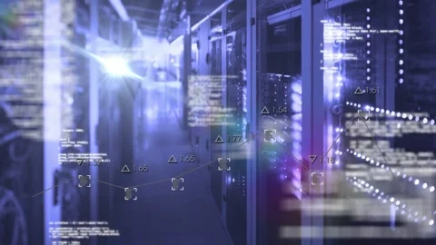 Data center racks responding to diagnostic ping, showing code overlays, Stock Footage 332685856