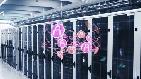 Data center racks sending data and initiating network sphere with nodes Stock Footage 332566515