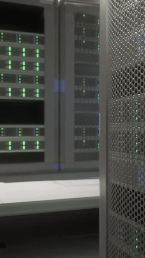 Data center racks with servers and lights in a modern facility Stock Footage 338375043