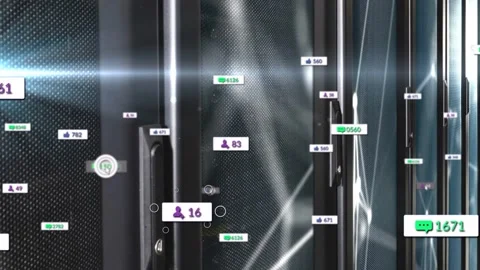Data center racks showing badges, cursor hovering selecting, updating for Stock Footage 332936585