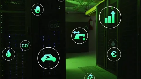 Data center racks showing overlay icons after data update, converging energy CO2 库存影片 332591973