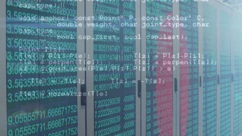 Data center racks showing teal matrix while data stream starting code overlays Stock Footage 333903053