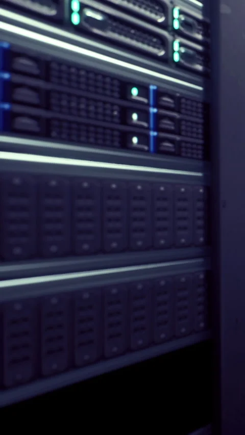 Data center racks store servers and hardware in a technology facility Stock Footage 331389011