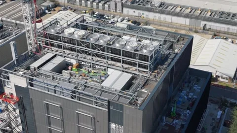 Data Center Rooftop Cooling Infrastructure and Ongoing Work Stock Footage 337528038