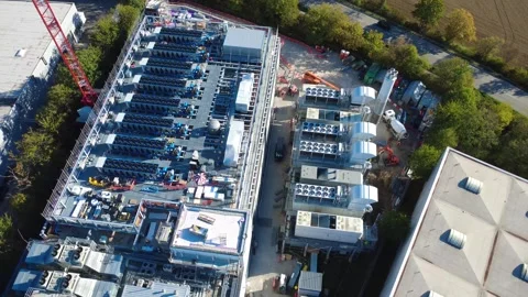 Data Center Rooftop Cooling Systems and HVAC Equipment Aerial View Stock Footage 347973595