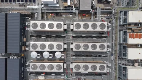 Data Center Rooftop Infrastructure With Massive Cooling Units During Day Stock Footage 339645244