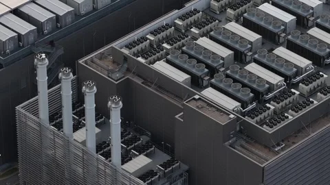 Data center rooftop showing cooling infrastructure and energy exhaust Stock Footage 347234446