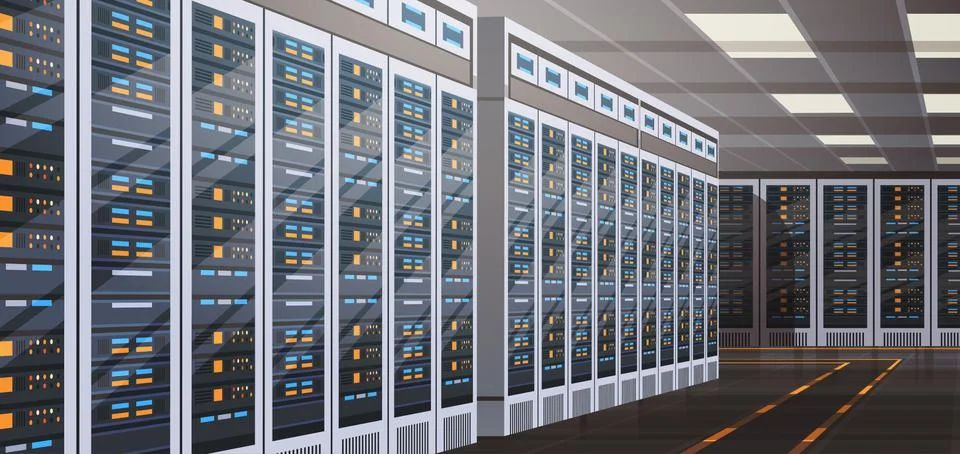Data Center Room Hosting Server Computer Information Database Synchronize Illustrazione stock