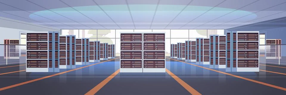 Data center room interior hosting server computer information database Stock Illustration