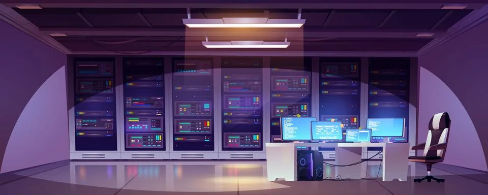 Data center room with server racks and computer Stock Illustration