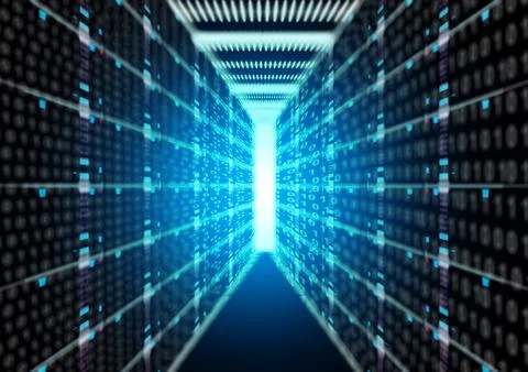 Data center room, servers, glowing lights of information transfer exchange Stock Illustration