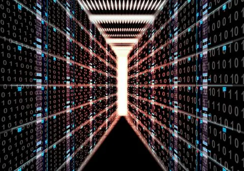 Data center room, servers, glowing lights of information transfer exchange Illustrazione stock