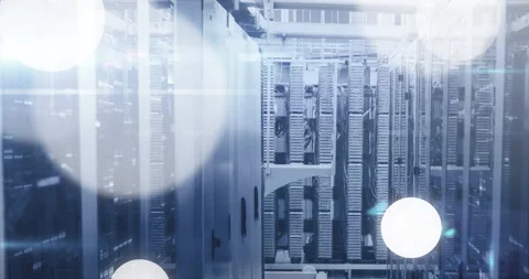 In data center, rows of servers with abstract animation light effects Stock Footage 305068543