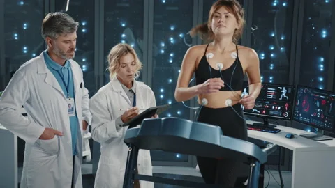 Data center. Running marathon female athlete exercising on treadmill in server Stock Footage 172445041