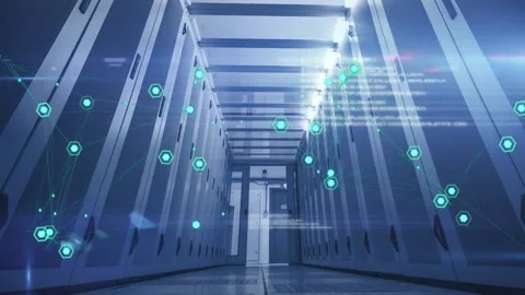 Data center server aisle receiving data packets, projecting teal hex nodes Stock Footage 331757575