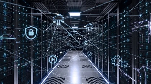 Data Center server connections cloud storage multimedia icons and cyber security Stock Footage