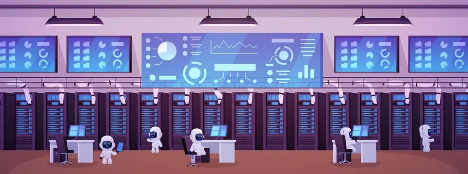 A data center with server equipment, monitors, desktops with computers and Illustrazione stock