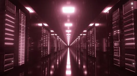 Data center with the server equipment red light turns on. 3d rendering Illustrazione stock