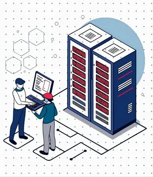 Data center server maintenance and network administration isometric graphic desi Stock Illustration