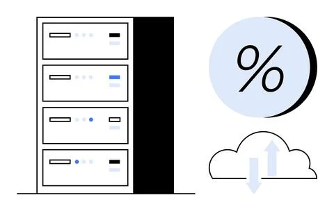 Data Center Server Rack with Disk Usage Percentage and Cloud Storage Icons .. Illustrazione stock