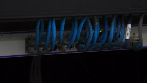 Data Center Server Rack with Flashing Lights and Network Cables, Internet Stock Footage 300600734