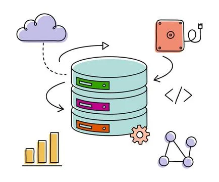 Data center server rack icon with cloud storage and network analytics symbols. Stock Illustration