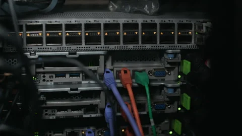 Data Center Server Rack with Network Cables and Blinking Lights Stock Footage 330541413
