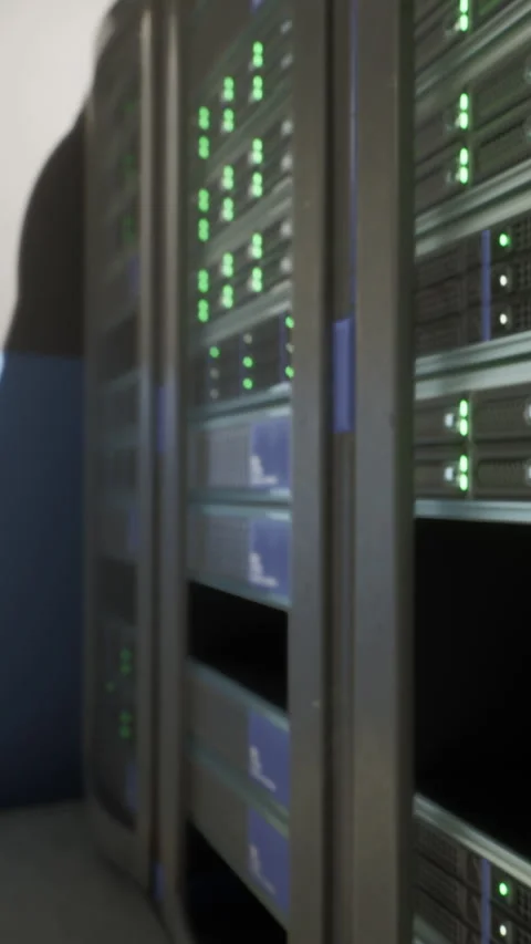 Data center with server racks and green lights during evening hours Stock Footage 337927426