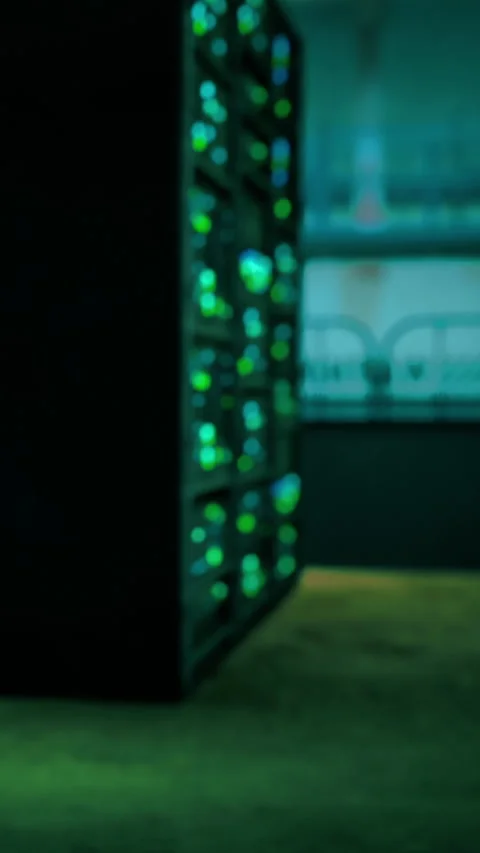 Data center with server racks and glowing lights in a technology space Stock Footage 338422384