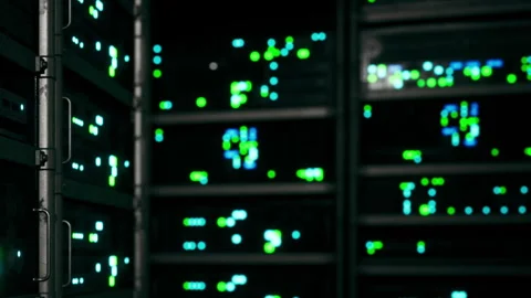 Data center with server racks and lights at night in a tech facility Stock Footage 343567242