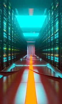 Data center with server racks in a corridor room Stock Illustration