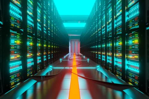 Data center with server racks in a corridor room Illustrazione stock