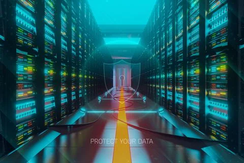 Data center with server racks in a corridor room Stock Photos