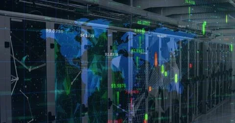In data center, server racks with digital world map overlay, showing global Stock Photos