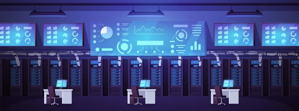 Data center with server racks, engineer workstations, and illuminated monitoring 스톡 일러스트