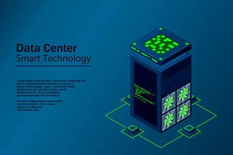 Data center with server racks isometric. Internet network equipment, smart te イラスト素材