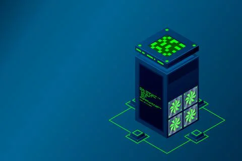 Data center with server racks isometric. Internet network equipment, smart te Stock Illustration