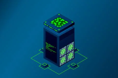 Data center with server racks isometric. Internet network equipment, smart te イラスト素材