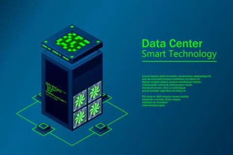 Data center with server racks isometric. Internet network equipment, smart te イラスト素材