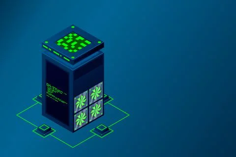 Data center with server racks isometric. Internet network equipment, smart te イラスト素材