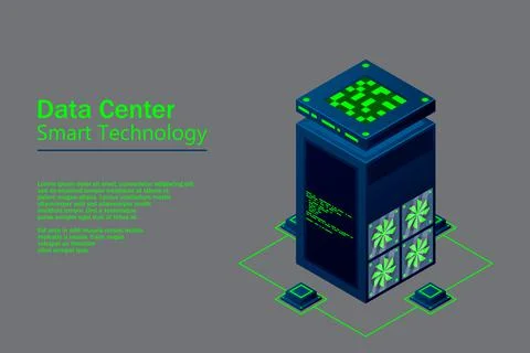 Data center with server racks isometric. Internet network equipment, smart te イラスト素材