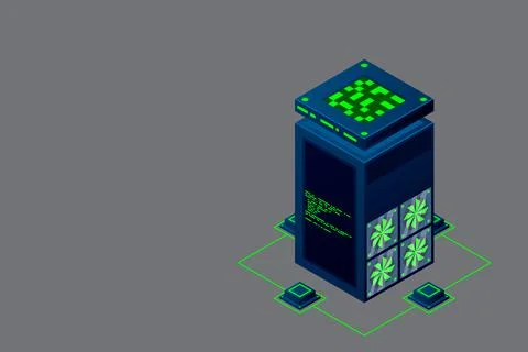 Data center with server racks isometric. Internet network equipment, smart te イラスト素材