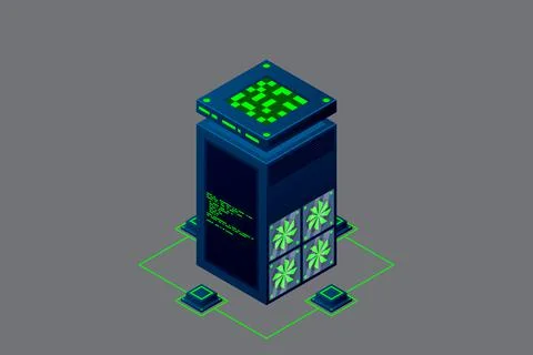 Data center with server racks isometric. Internet network equipment, smart te イラスト素材