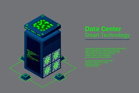Data center with server racks isometric. Internet network equipment, smart te Stock Illustration